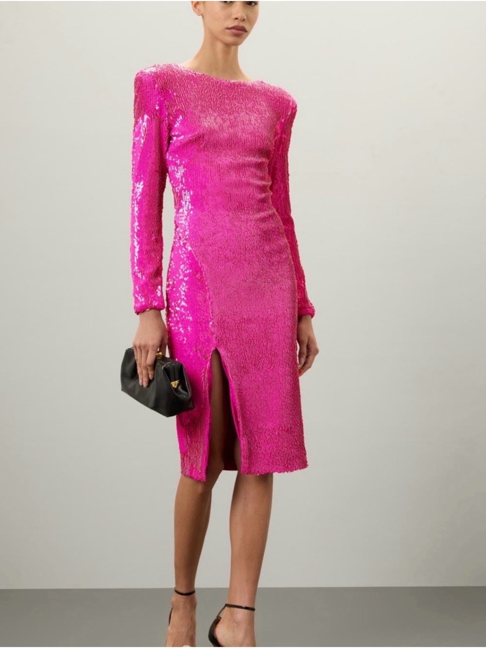 Dress the Population Hot Pink Sequin Long Sleeve Midi Dress with Front Slit